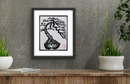 Bowing Tree – Bonsai Art Inspired Woodblock Relief Print - Image 2