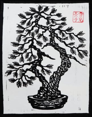 Cypress Twin – Bonsai Woodblock Print of Harmony and Balance