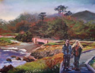 Plein air oil painting of a couple walking along the Cambria coastline in hazy afternoon light.