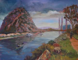 Plein air painting of Morro Rock in Morro Bay with kayaker, harbor waterway, industrial shoreline, and coastal walkway