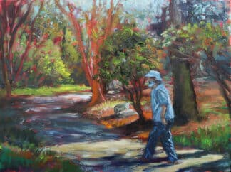 Thom Walk to Shipley, a Southern California plein air landscape painting by Ron Reekers featuring a walking figure moving through morning light near Shipley Nature Center