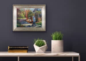 Framed plein air landscape painting ‘Thom Walk to Shipley’ by Ron Reekers displayed in a contemporary interior setting