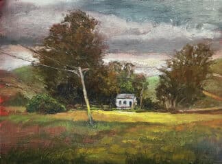 A Quiet Place Near Harmony by Ron Reekers, an original plein air oil painting depicting a secluded white farmhouse nestled among trees beneath an overcast sky near Harmony, California.