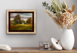 Framed original oil painting A Quiet Place Near Harmony by Ron Reekers displayed in a contemporary interior setting.