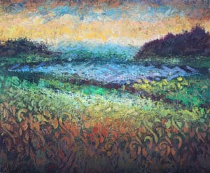 Back Bay Re-Imagined by Ron Reekers, original mixed media landscape inspired by Newport Back Bay with expressive monoprint textures, pastel, and dramatic golden evening light.