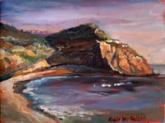 Original 9 × 12 plein-air oil painting of Crystal Cove State Park showing sunlit coastal cliffs above a quiet cove with deep blue water and dramatic evening shadows beneath a soft twilight sky.