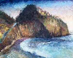 Crystal Cove Re-Imagined, mixed media landscape showing sunlit Crystal Cove cliffs above a luminous ocean with expressive stencil and monotype textures.