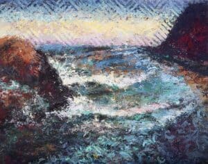 Rising Tide - Dana Point Re-Imagined by Ron Reekers, original mixed-media landscape featuring expressive ocean waves created with monoprint, acrylic, pastel and stencil mark-making.
