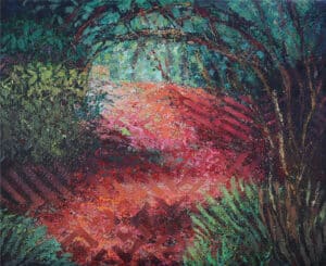 Stay on Path – Re-Imagined mixed media landscape inspired by Shipley Nature Center with expressive monoprint textures, pastel, and layered stencil mark-making.