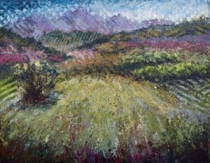 Emerge Into – Santiago Canyon Re-Imagined, original mixed media landscape featuring layered monoprint textures, pastel, acrylic, and expressive stencil mark-making that draws the viewer into a luminous California canyon.