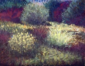 Shipley Backyard Re-Imagined, original mixed media landscape painting by Ron Reekers featuring luminous yellow-green foliage, deep violet shadows, expressive mark-making, and contemporary layered textures inspired by Shipley Nature Center in Huntington Beach, California.