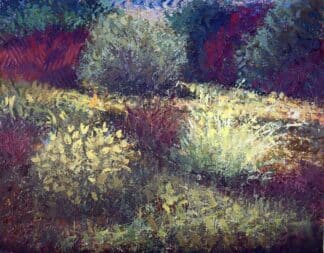Shipley Backyard Re-Imagined, original mixed media landscape painting by Ron Reekers featuring luminous yellow-green foliage, deep violet shadows, expressive mark-making, and contemporary layered textures inspired by Shipley Nature Center in Huntington Beach, California.