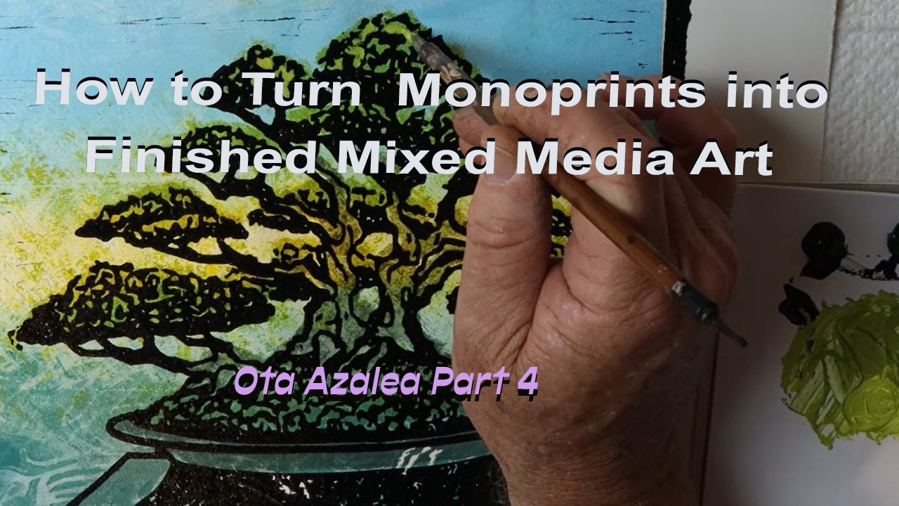 Ota Azalea bonsai woodblock monoprint Part 4 showing the printing, painting, mounting, and framing process.