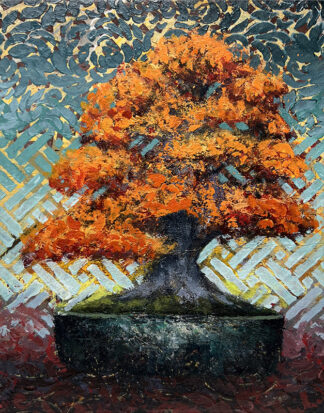 Autumn Beech original mixed media bonsai painting by Ron Reekers with brilliant orange autumn foliage and patterned blue-green background