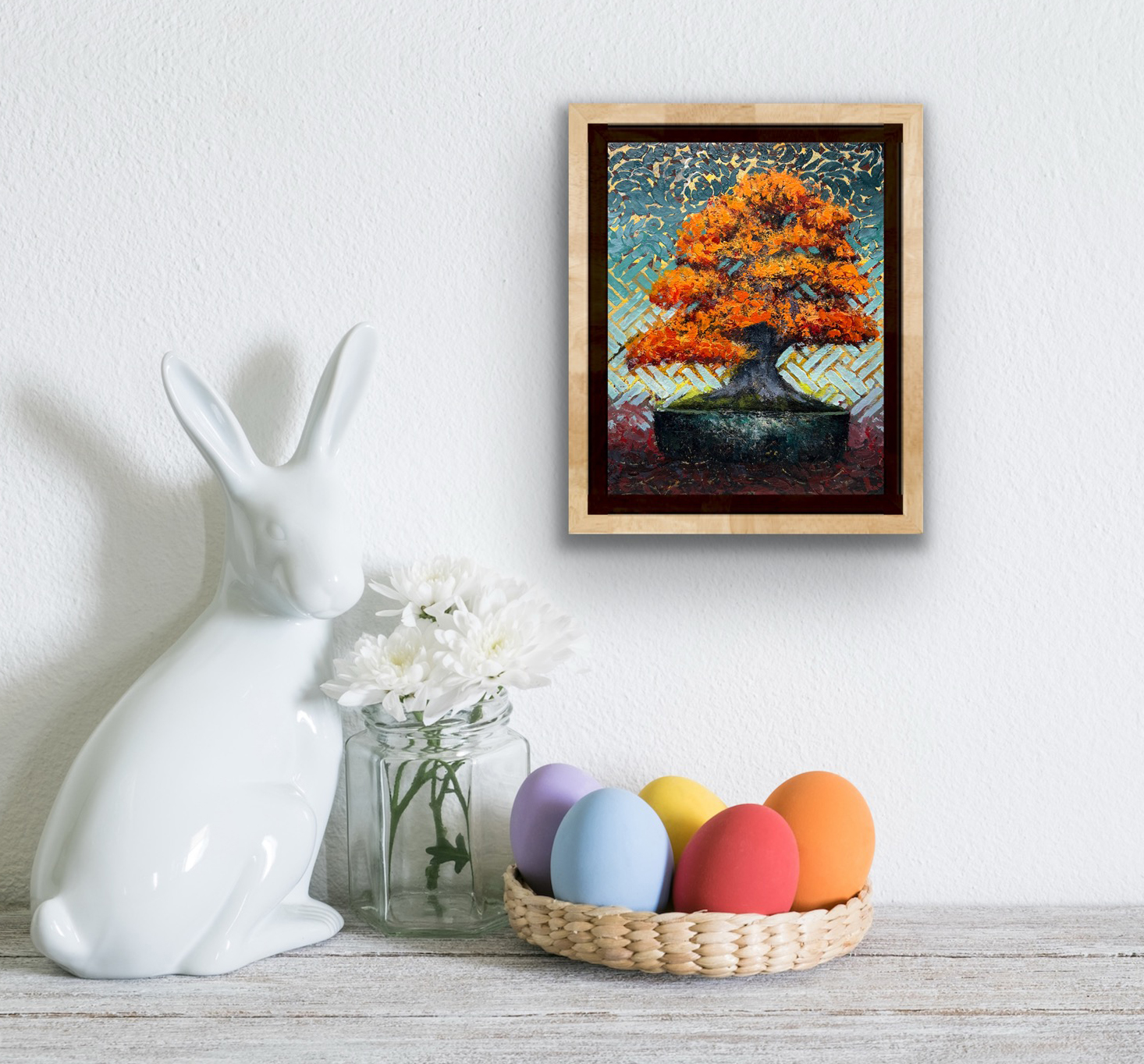 Framed Autumn Beech mixed media bonsai painting displayed on a wall with colorful autumn foliage