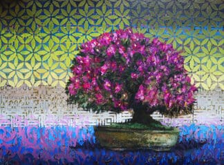 Bougie 40 mixed media painting of a 40-year-old bougainvillea bonsai with purple and magenta bracts by Ron Reekers