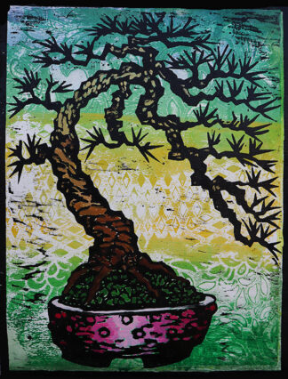 Original Bowing Pine bonsai woodblock monoprint by Ron Reekers featuring a dramatically curved pine trunk, black foliage silhouette, colorful patterned background, and pink bonsai pot.