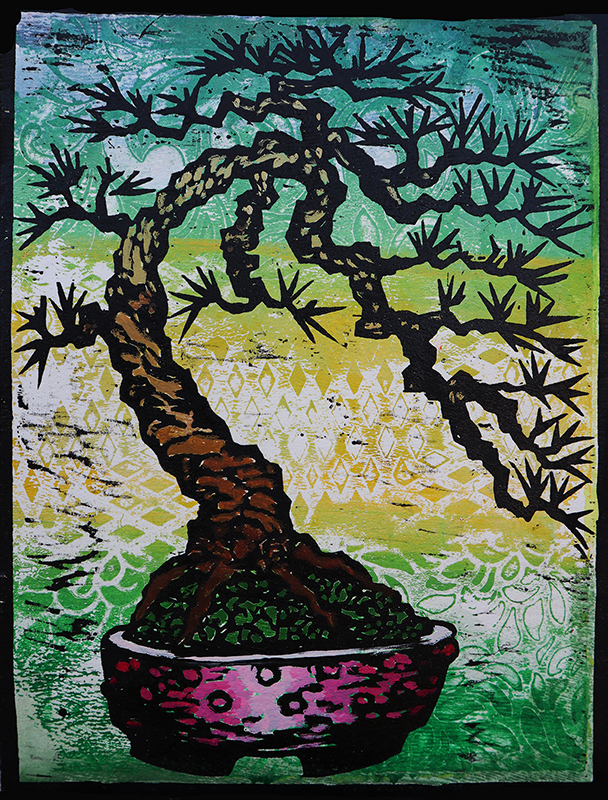 Original Bowing Pine bonsai woodblock monoprint by Ron Reekers featuring a dramatically curved pine trunk, black foliage silhouette, colorful patterned background, and pink bonsai pot.