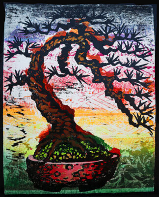 Bowing Tree Monoprint #2 by Ron Reekers, original bonsai woodblock print with a twisting black trunk, vibrant sunrise colors, and expressive textured background.