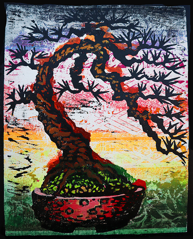 Bowing Tree Monoprint #2 by Ron Reekers, original bonsai woodblock print with a twisting black trunk, vibrant sunrise colors, and expressive textured background.