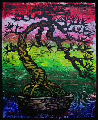Bowing Pine Monoprint #3 by Ron Reekers, featuring a twisting aged bonsai pine silhouetted against a vibrant red, green, and blue textured background, with a modest bonsai pot.