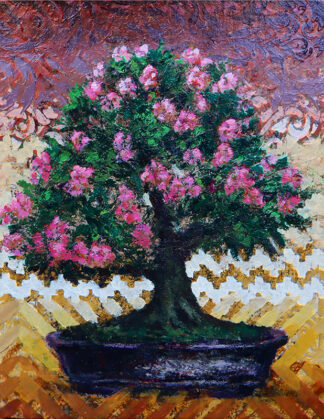 Camellia Wabisuke mixed media bonsai painting by Ron Reekers featuring pink flowers, dark green foliage, glazed pot, and geometric background.