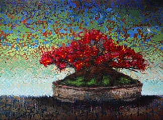 Cold Melon Kanpoke bonsai mixed media painting by Ron Reekers with crimson flowers and patterned background