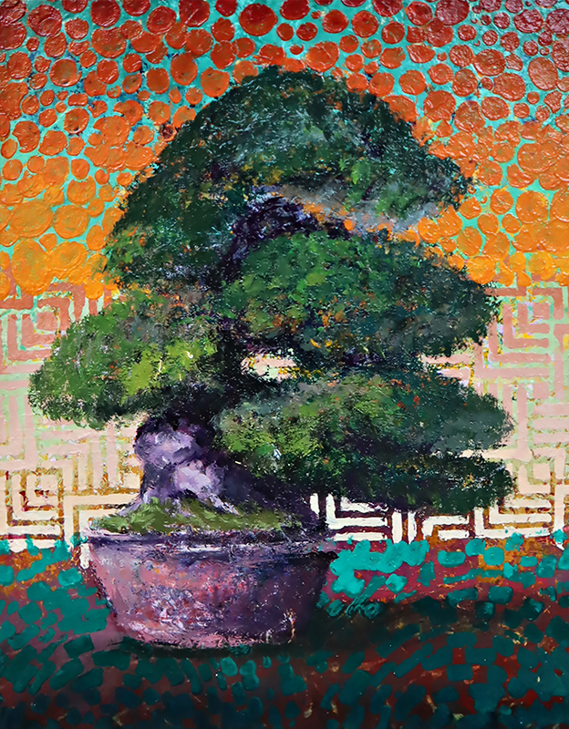 Original mixed-media painting Crinkled Crepe by Ron Reekers, featuring a 60-year-old Chirimen Vine bonsai with a broad nebari, dense green canopy, antique pot, and vibrant orange and turquoise patterned background.