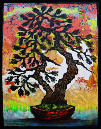 Cypress Twin Monoprint #1, original bonsai woodblock art by Ron Reekers featuring two harmonious trunks against a vibrant red, orange, green, and blue mixed-media background.
