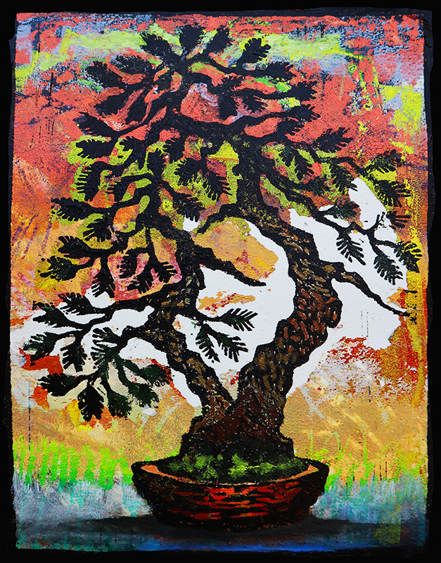 Cypress Twin Monoprint #1, original bonsai woodblock art by Ron Reekers featuring two harmonious trunks against a vibrant red, orange, green, and blue mixed-media background.