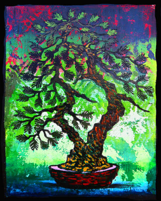 Cypress Twin Monoprint #2 by Ron Reekers, original bonsai woodblock print featuring two intertwined trunks against vibrant green, blue, and magenta textures.
