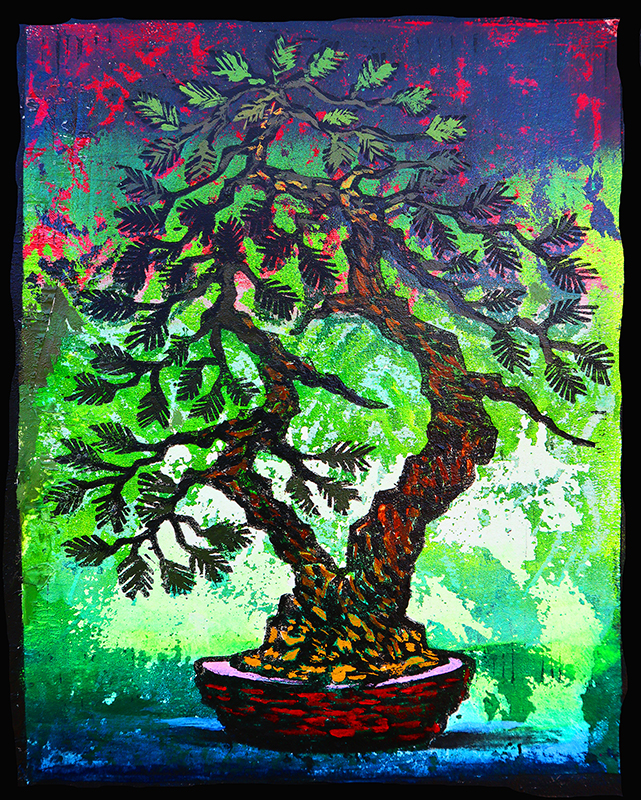 Cypress Twin Monoprint #2 by Ron Reekers, original bonsai woodblock print featuring two intertwined trunks against vibrant green, blue, and magenta textures.