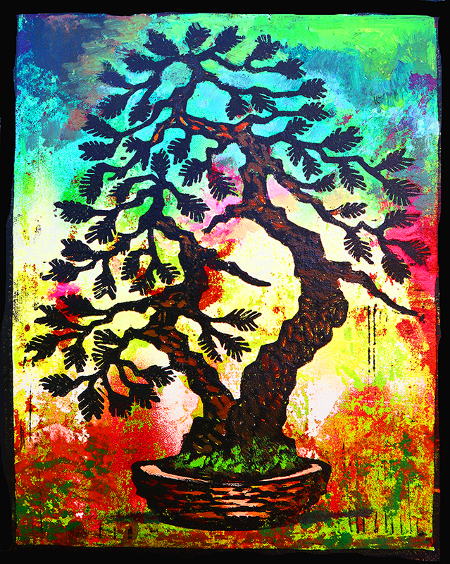 Cypress Twin Monoprint #3 by Ron Reekers, featuring dark twin-trunk bonsai silhouettes against a vibrant turquoise, green, yellow, and red sunset-inspired background.