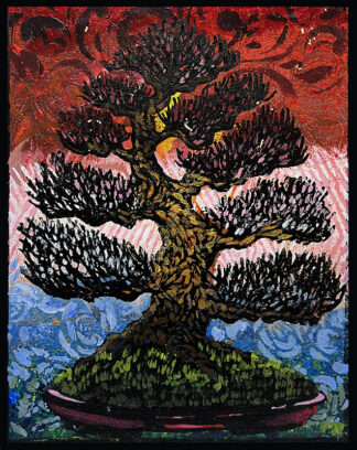 Euro Beech Monoprint #1 by Ron Reekers, colorful bonsai woodblock print featuring a twisting trunk, dark foliage, moss-covered base, and vibrant red, pink, and blue background.