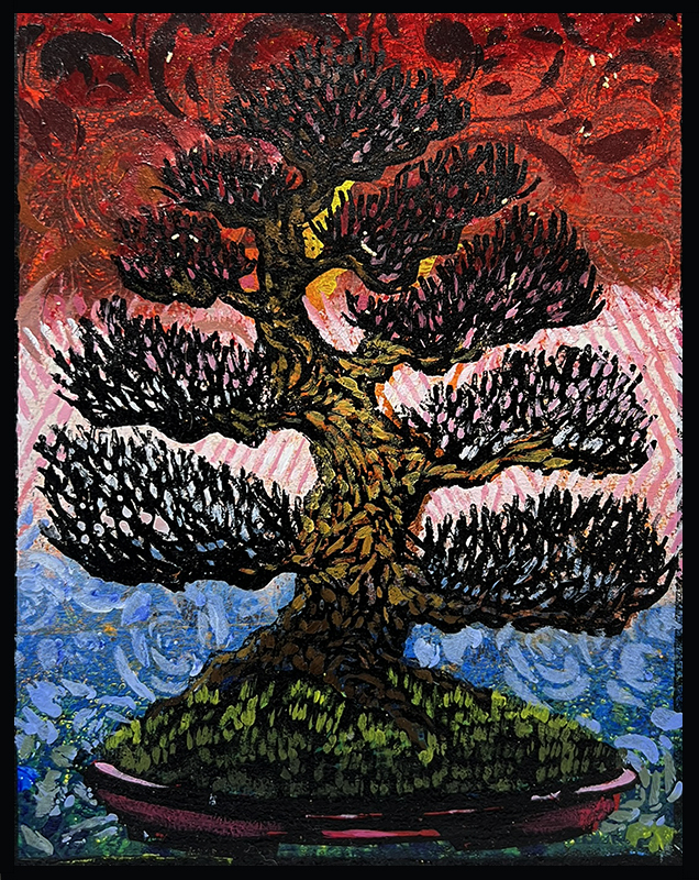 Euro Beech Monoprint #1 by Ron Reekers, colorful bonsai woodblock print featuring a twisting trunk, dark foliage, moss-covered base, and vibrant red, pink, and blue background.