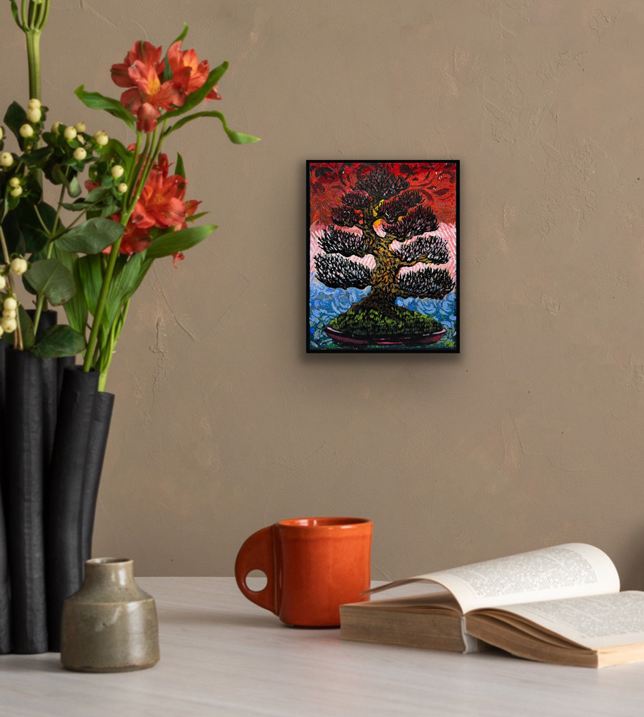 Euro Beech Monoprint #1 by Ron Reekers displayed in a black frame on a neutral wall above a tabletop with flowers, ceramic vessels, and an open book.