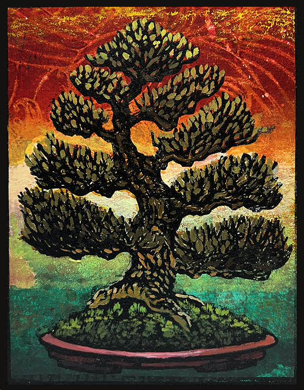 Euro Beech Monoprint #2 by Ron Reekers, featuring a bold bonsai woodblock with dark foliage, moss-covered roots, and a vibrant red-orange sunrise fading into turquoise green.