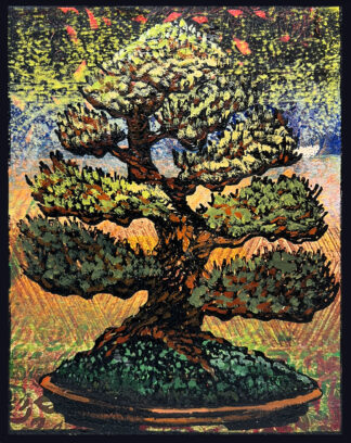 Euro Beech Monoprint #3 by Ron Reekers, colorful bonsai woodblock print with layered green foliage, expressive dark trunk, and vibrant yellow, orange, and blue textured background.