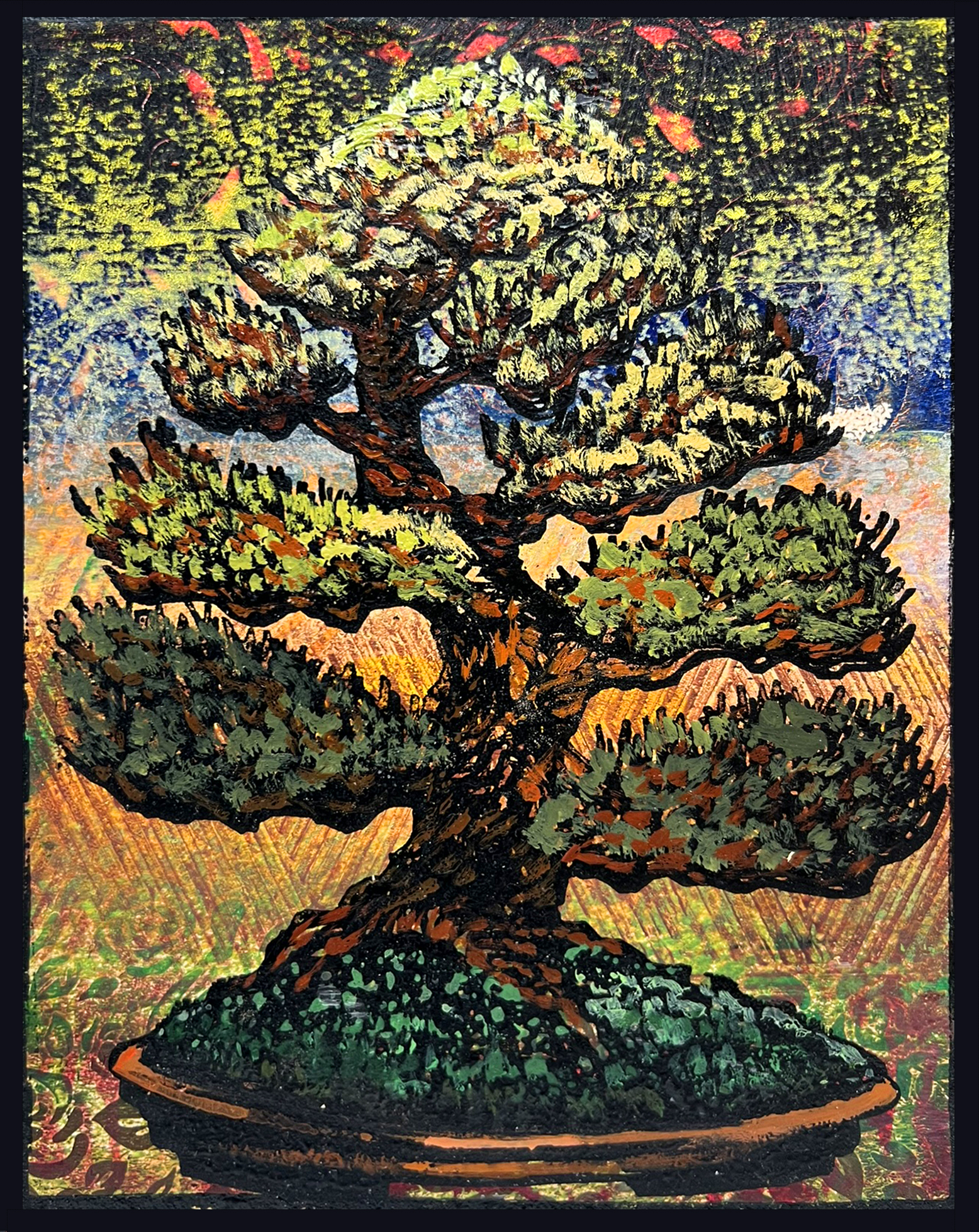 Euro Beech Monoprint #3 by Ron Reekers, colorful bonsai woodblock print with layered green foliage, expressive dark trunk, and vibrant yellow, orange, and blue textured background.