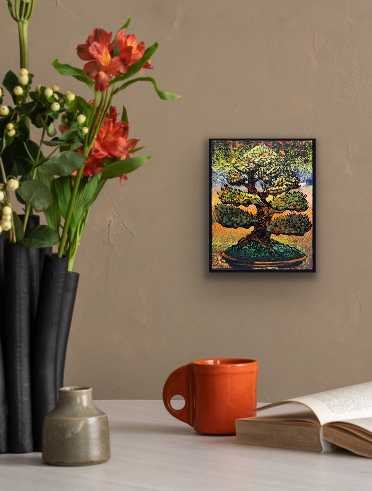 Euro Beech Monoprint #3 displayed in a black frame on a neutral wall above a tabletop with ceramic vessels, an orange mug, and floral arrangement.