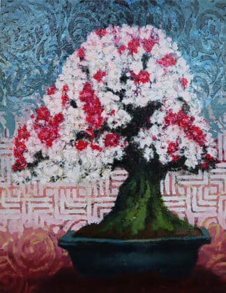 Flower Moon Satsuki Azalea bonsai mixed media painting by Ron Reekers