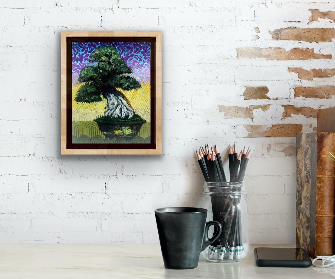 Flowing Juniper mixed media bonsai artwork by Ron Reekers displayed framed on a white brick wall