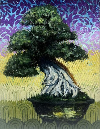 Flowing Juniper original mixed media bonsai artwork by Ron Reekers featuring dark green foliage, twisting deadwood, and a patterned blue, purple, yellow, and green background