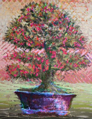 Golden Bean mixed media bonsai painting by Ronald Ray Reekers, featuring colorful fruit, green foliage, a textured pink background, and an aged purple glazed pot.