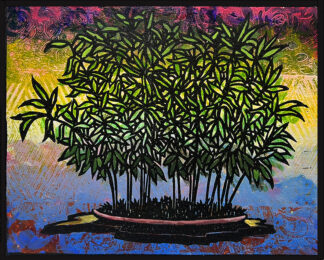 Hime Moso Bamboo Monoprint #1 by Ron Reekers, featuring dense, rhythmic green bamboo foliage in bold black woodblock lines against a vibrant magenta, yellow, and blue textured background.