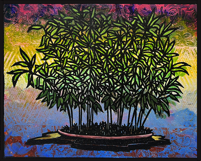 Hime Moso Bamboo Monoprint #1 by Ron Reekers, featuring dense, rhythmic green bamboo foliage in bold black woodblock lines against a vibrant magenta, yellow, and blue textured background.