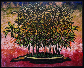 Hime Moso Bamboo Monoprint #2 by Ron Reekers, showing a dense bamboo forest with autumn-colored leaves against a fiery red, gold, pink, and blue textured background.