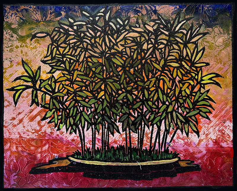 Hime Moso Bamboo Monoprint #2 by Ron Reekers, showing a dense bamboo forest with autumn-colored leaves against a fiery red, gold, pink, and blue textured background.