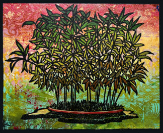 Hime Moso Bamboo Monoprint #3 by Ron Reekers, featuring rhythmic dark green bamboo foliage against a vibrant red, yellow, turquoise, and green textured background, inspired by Sanzo Wada's color harmonies.