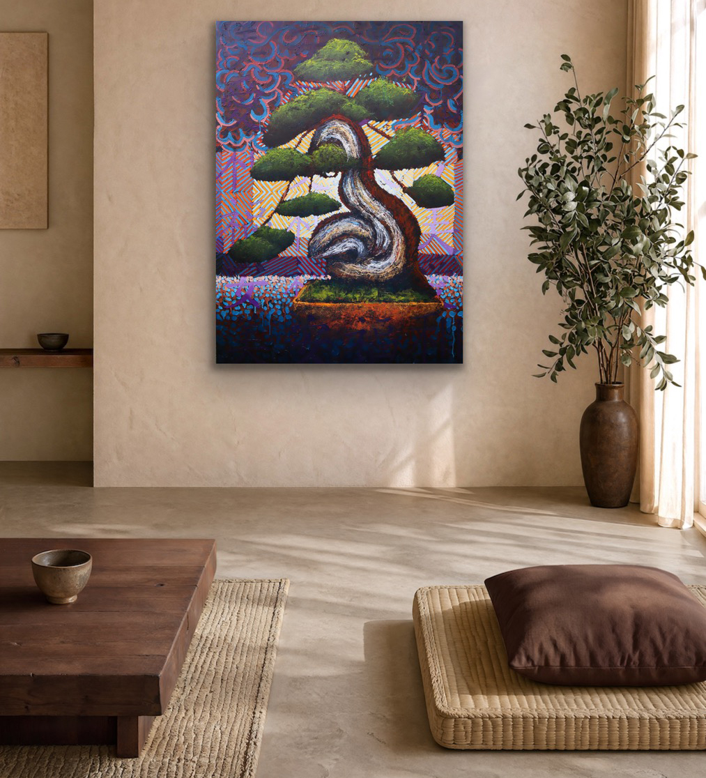 Jin Shari Shimpaku large original bonsai oil painting by Ron Reekers displayed on a neutral wall in a contemporary Japanese-inspired living room.